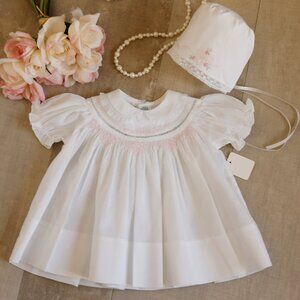 Smocked White Heirloom Dress and Bonnet Feltman Brothers NWT 1st Portrait Spring